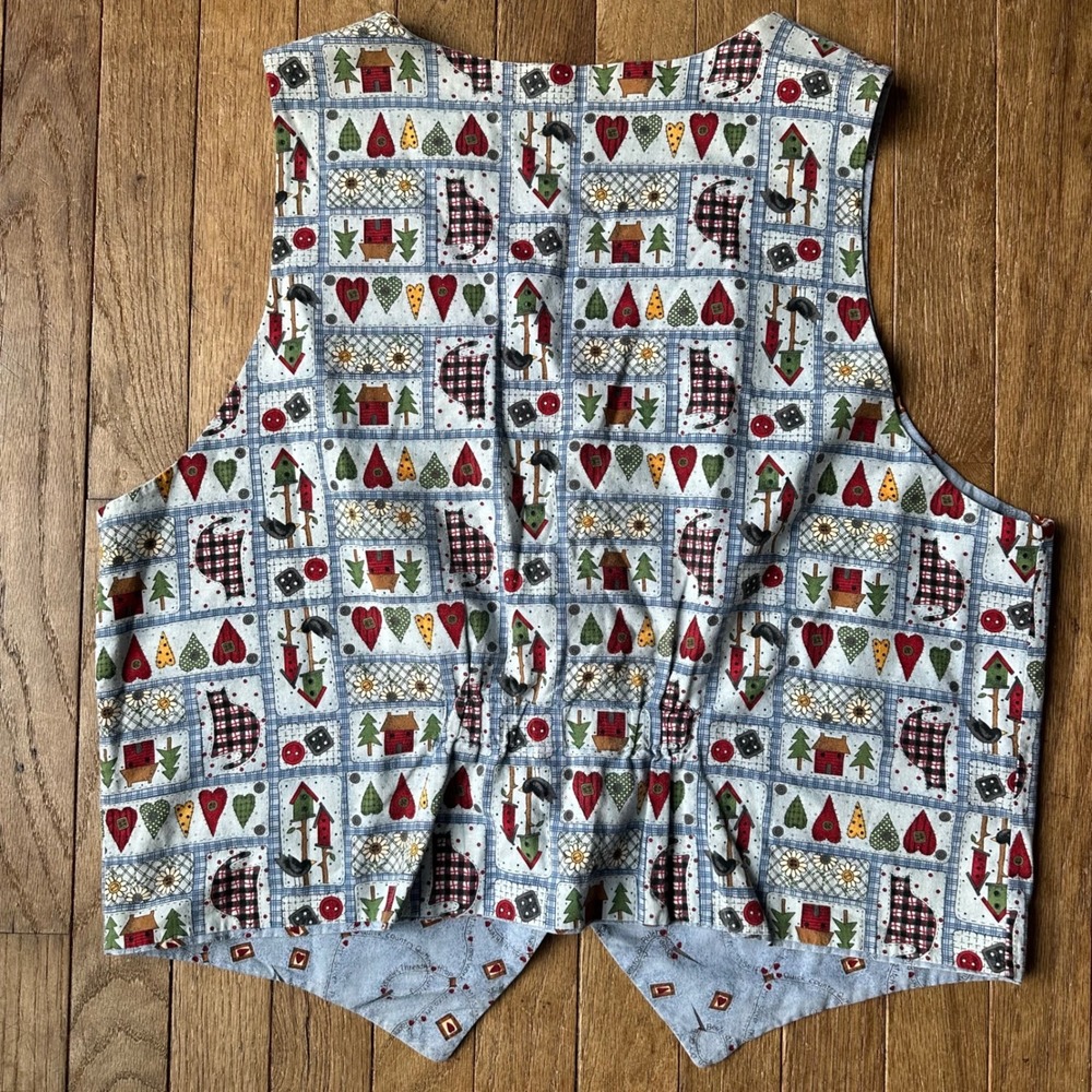 Quirky Patchwork Farmhouse Cottagecore Button Vest Women's M Blue‎ Novelty Print - Picture 3 of 9
